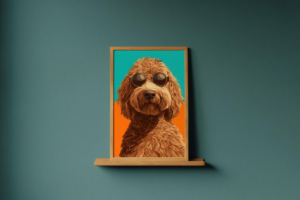 Small framed dogs in sunglasses art on a narrow ledge, modern pet wall art with vibrant teal and orange contrast.