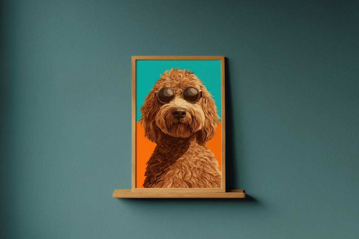 Small framed dogs in sunglasses art on a narrow ledge, modern pet wall art with vibrant teal and orange contrast.