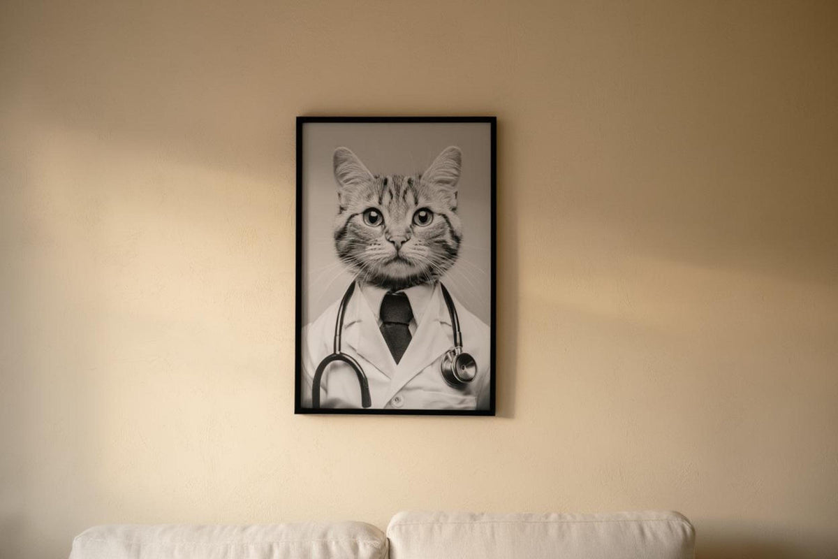 Framed black and white cat doctor print leaning on hardwood floor, funny veterinarian office wall art with stethoscope detail