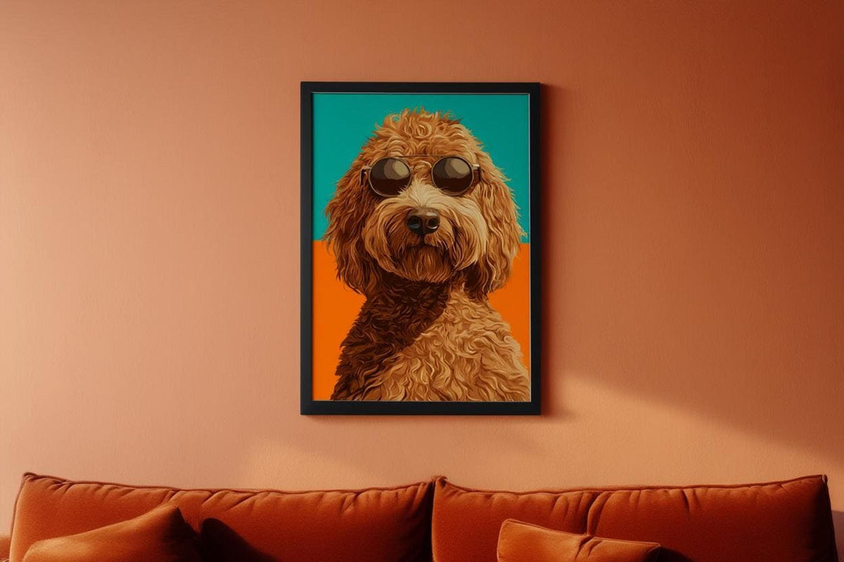 Framed funny dog wall art above a rust sofa, doodle dog nursery decor energy, bold pop-art colors and texture.