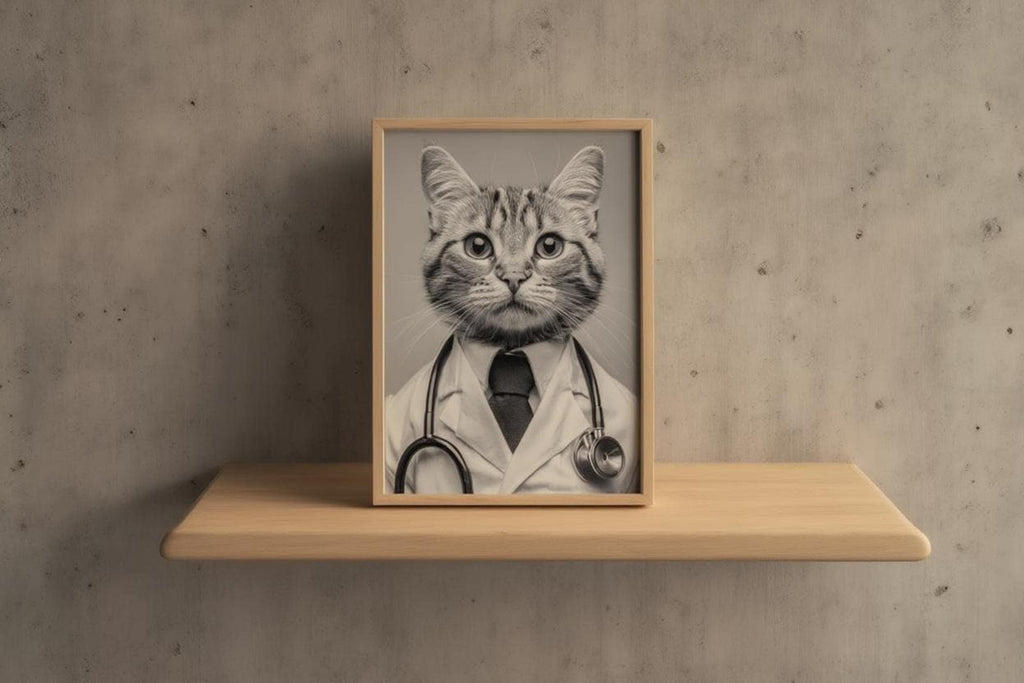 Framed black and white cat doctor print leaning on hardwood floor, funny veterinarian office wall art with stethoscope detail