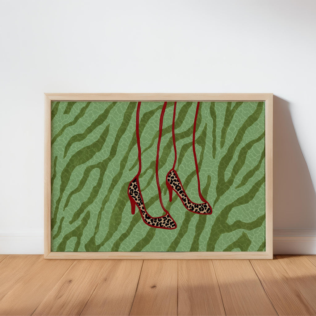 Wood-floor mockup with green zebra background, dangling leopard stilettos, leopard heels wall art, green zebra print decor