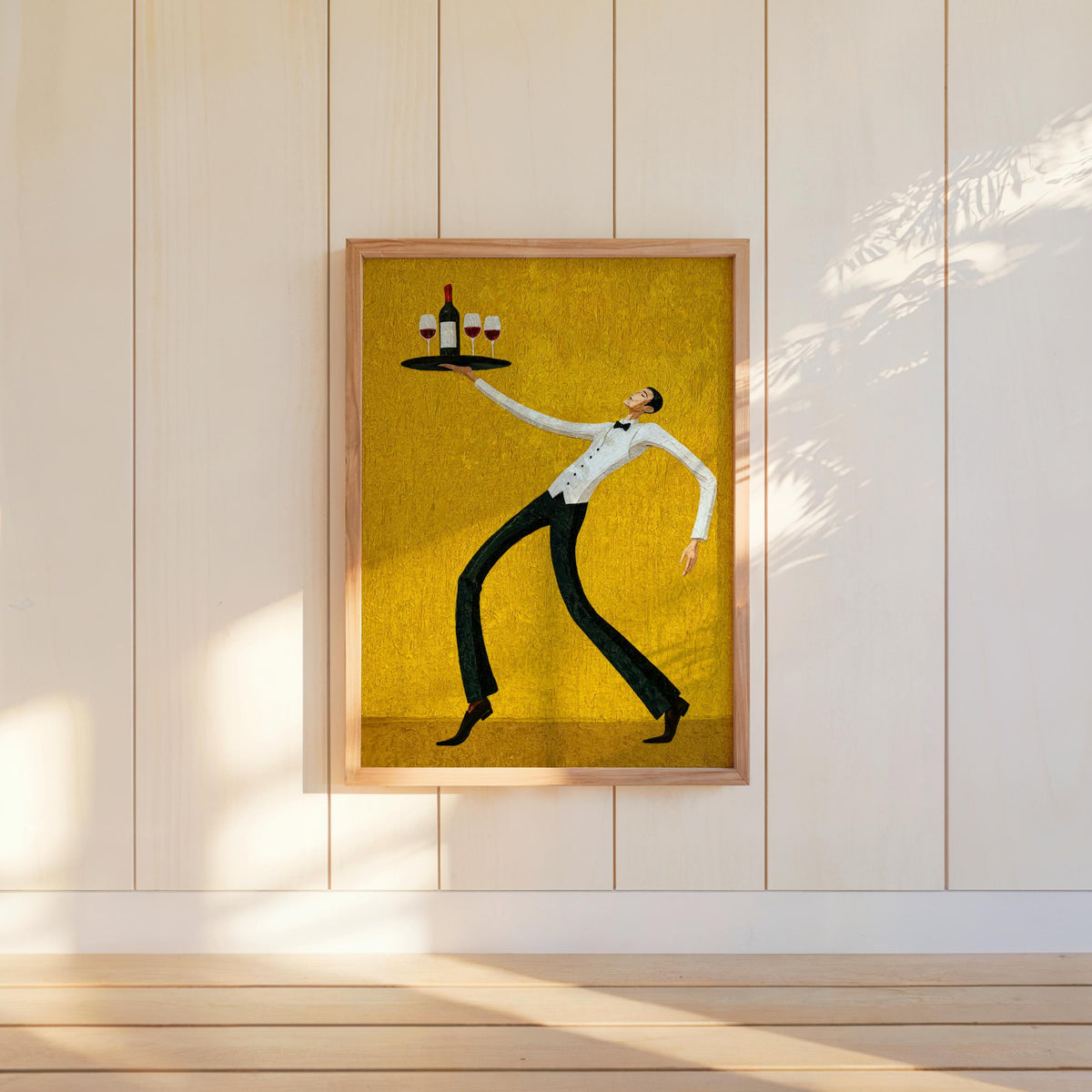 Mustard wine waiter art print hung on white paneled wall, framed mid century modern bistro art adding warmth to dining room decor