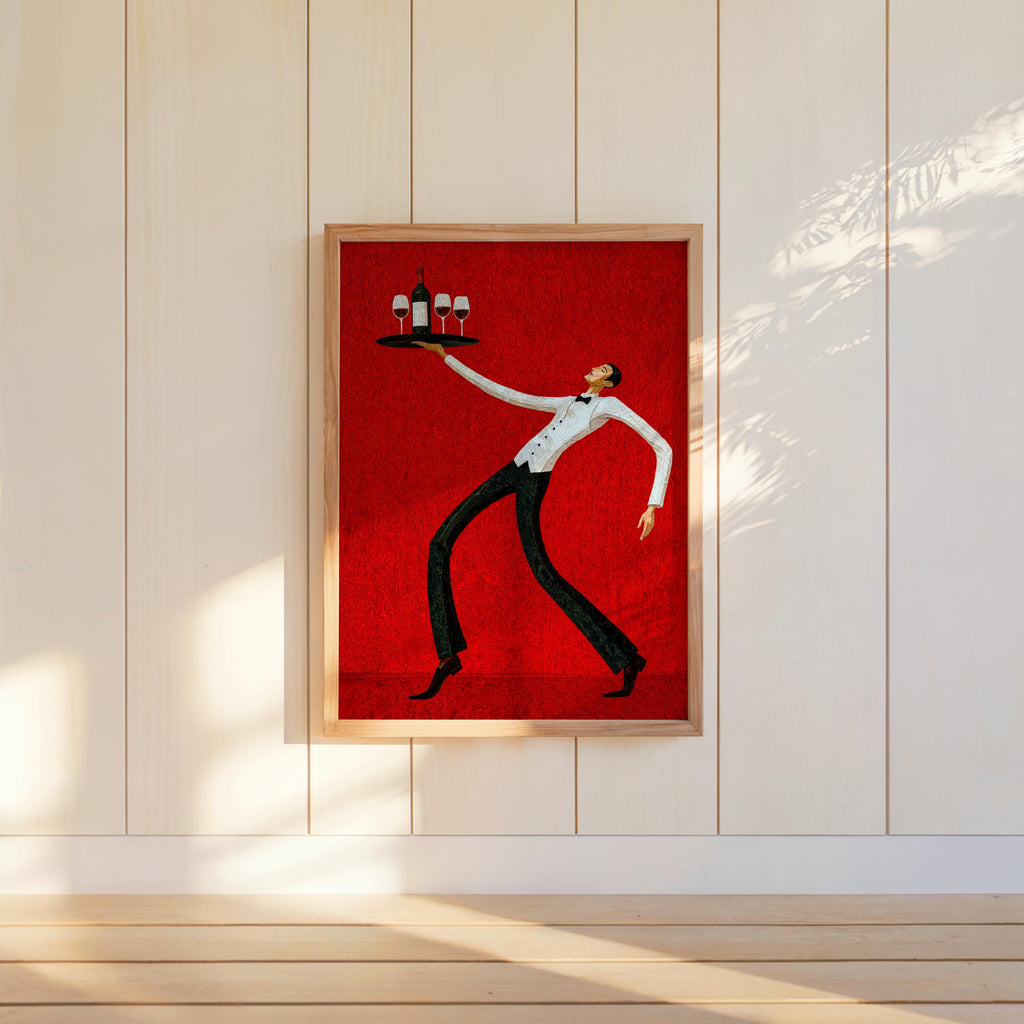Red wine waiter art print centered on white paneled wall, strong retro kitchen art colors, lively bistro art print energy