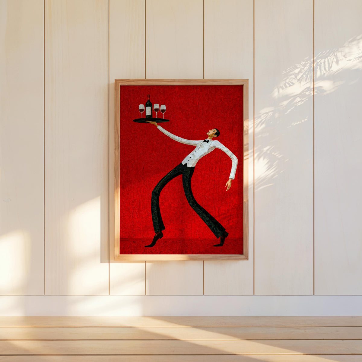 Red wine waiter art print centered on white paneled wall, strong retro kitchen art colors, lively bistro art print energy