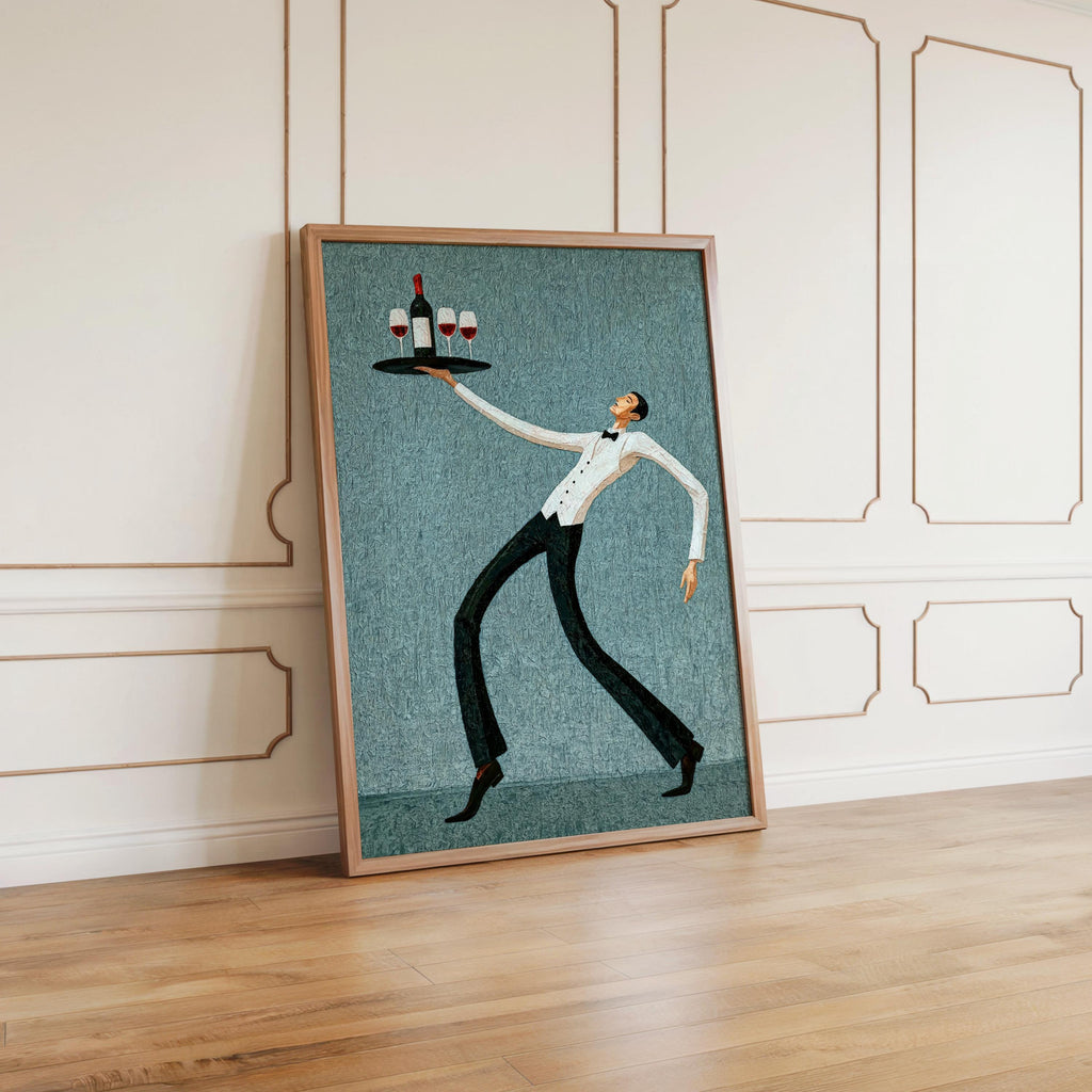 Framed mint wine waiter art print leaning on floor, sunlight across panels highlights textured vintage-inspired background, wine wall art