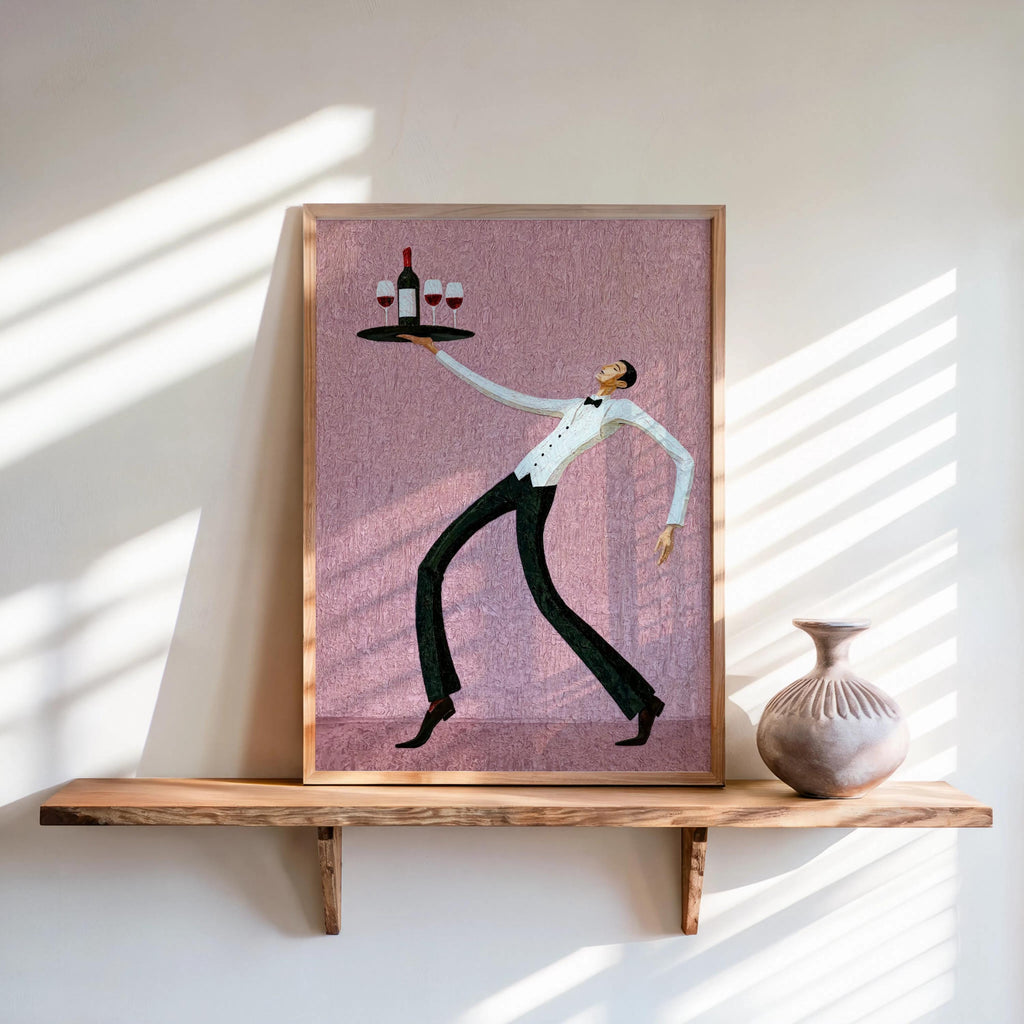 Dusty pink wine waiter art print displayed on shelf, textured vintage backdrop and energetic mid century modern wall art vibe