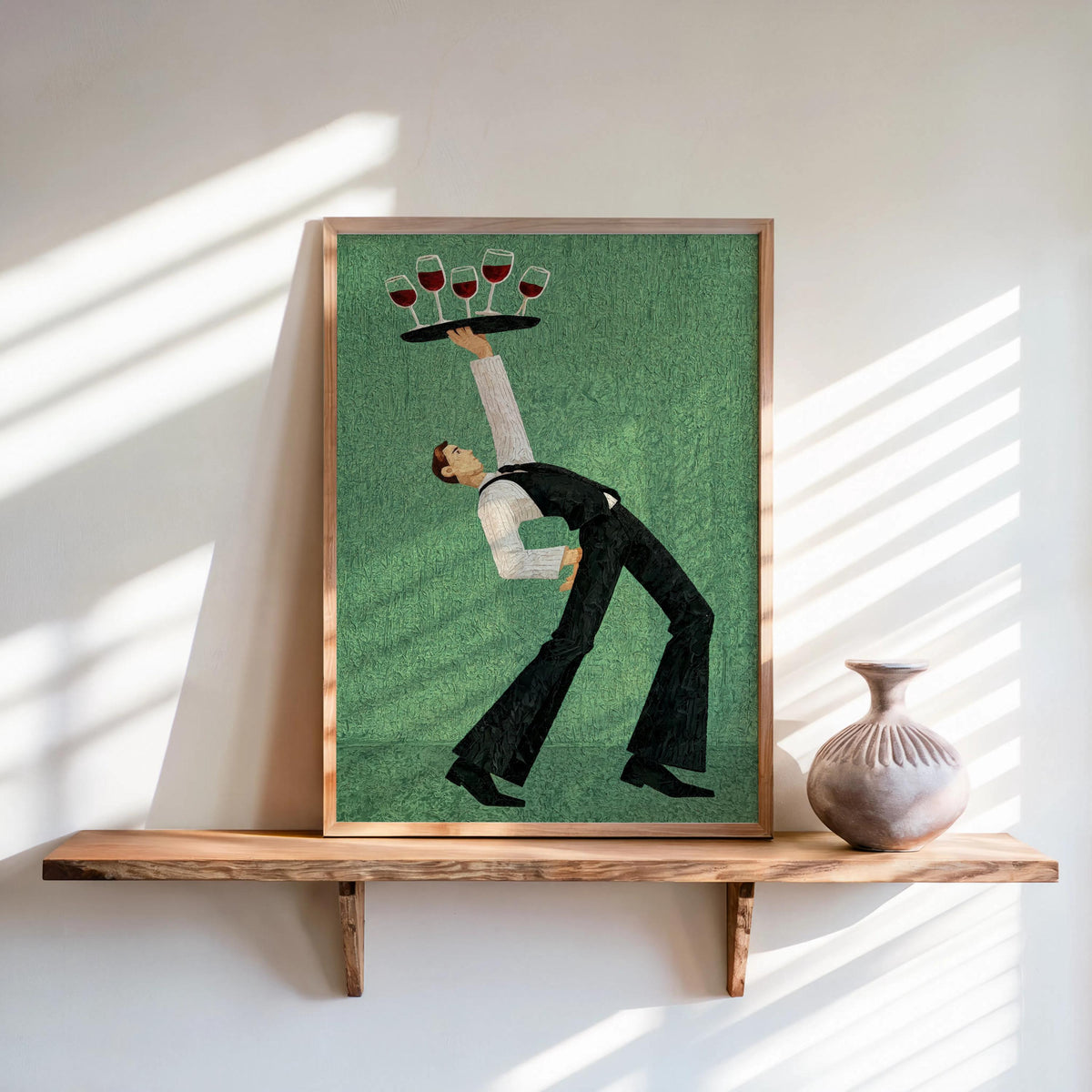 Green retro waiter poster on a wooden shelf, strong shapes and painterly texture, wine glass wall art