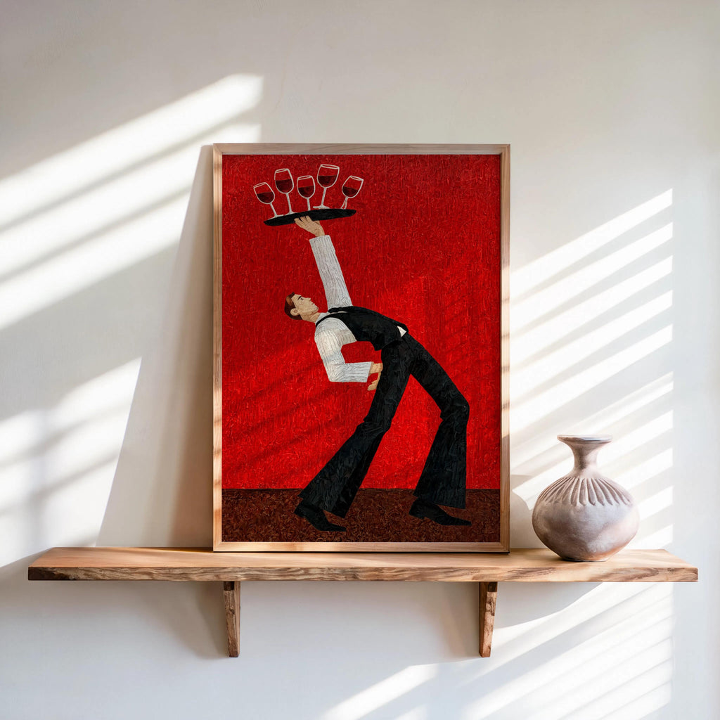 Red colorway waiter poster on shelf, bold geometric composition and texture, wine glass wall art