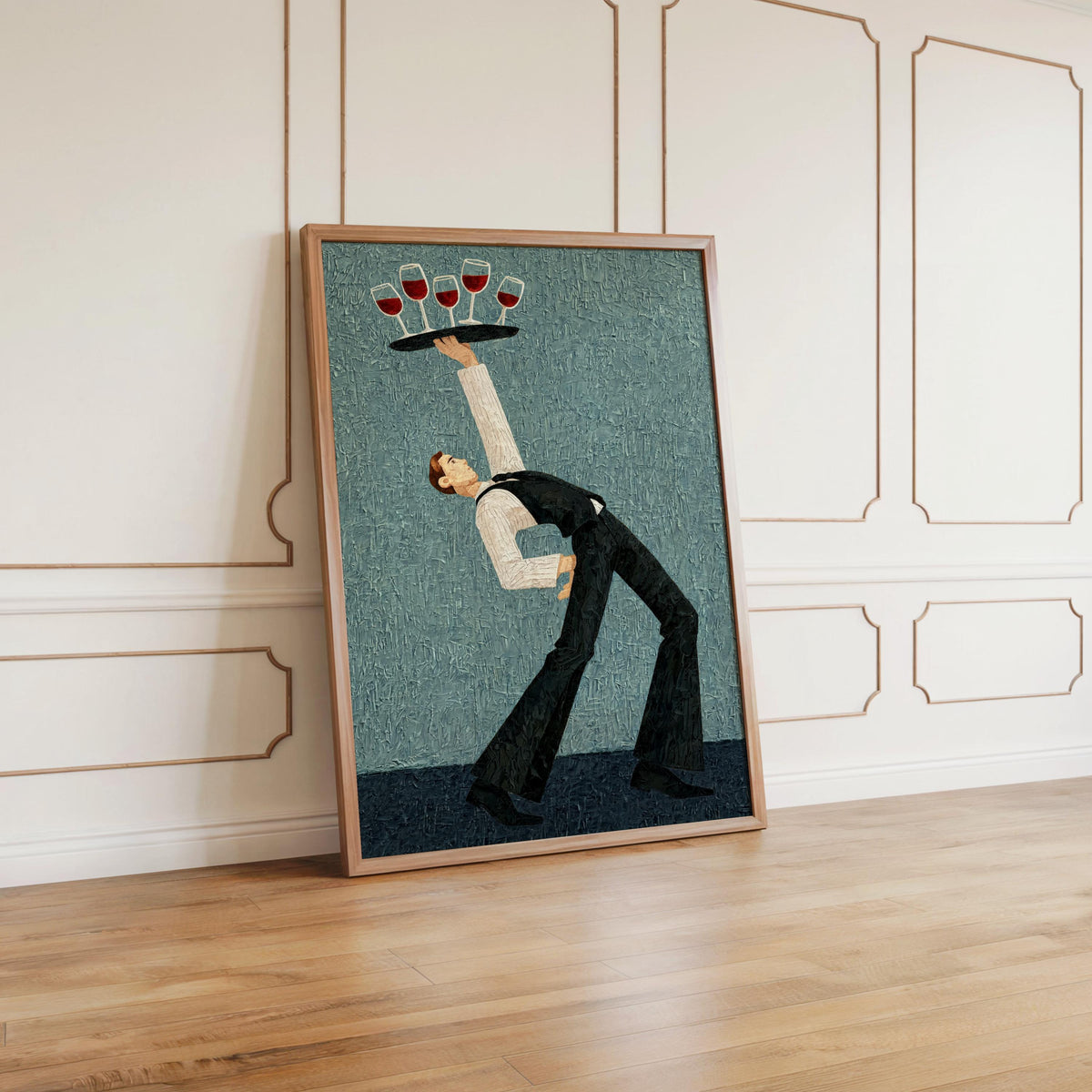 Teal waiter print angled on hardwood floor, bold retro geometry, framed poster idea for wine glass wall art