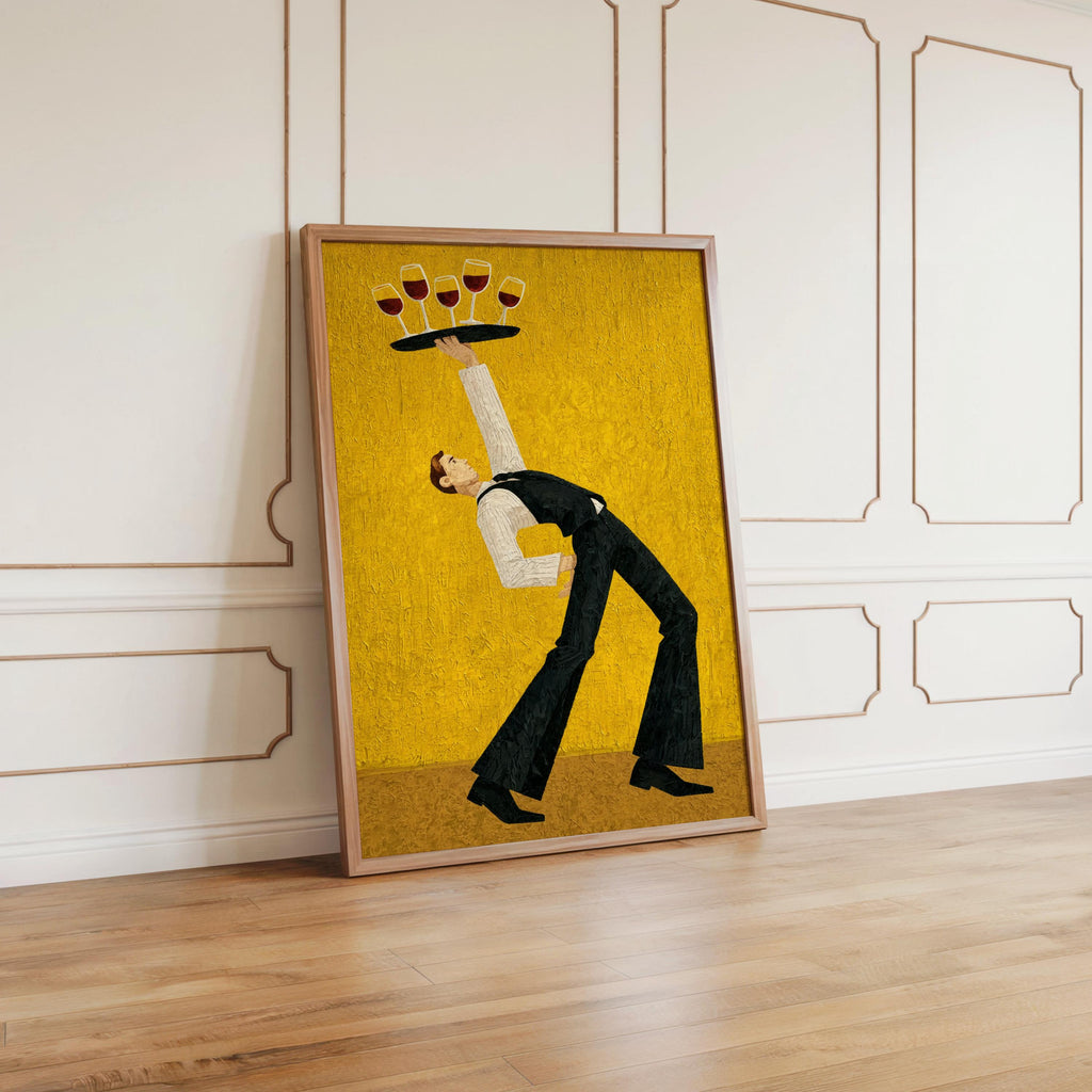 Yellow retro wine waiter print on floor near wall moulding, playful composition, kitchen wine glass wall art