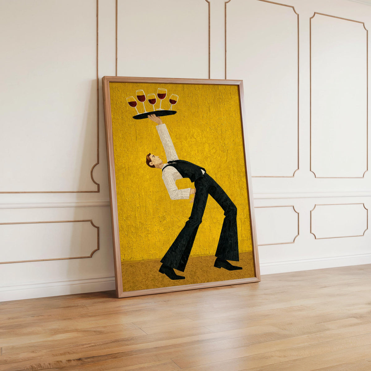 Yellow retro wine waiter print on floor near wall moulding, playful composition, kitchen wine glass wall art