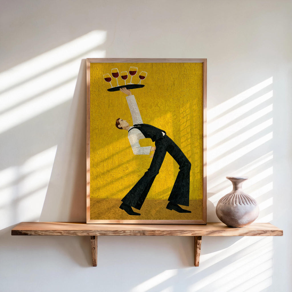 Yellow retro-modern waiter print on wooden shelf, textured painterly detail, wine glass wall art