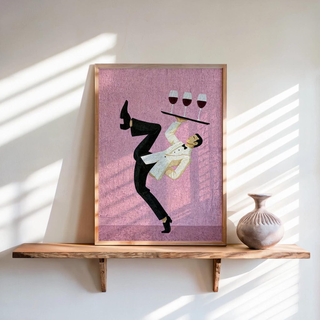 Soft pink framed print on rustic shelf, minimalist waiter wine art print with textured background, wine bar wall art, foodie kitchen decor