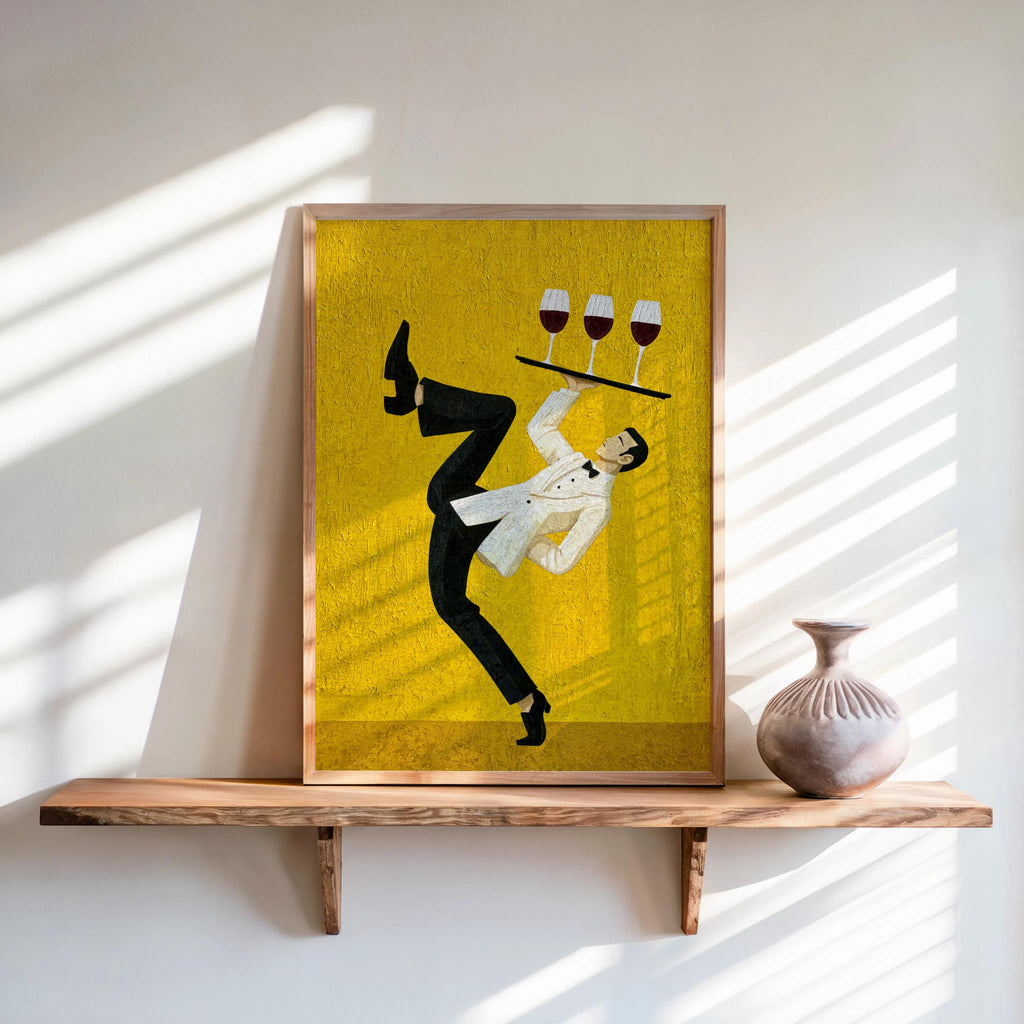 Bright yellow textured print propped on a shelf, playful waiter balancing tray, wine bar wall art, colorful dining room wall art