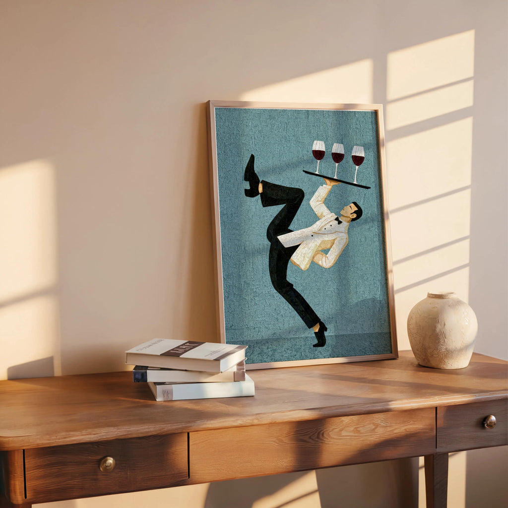 Teal print on a wooden table, sunlight streaming across textured background, wine bar wall art, retro bar cart decor