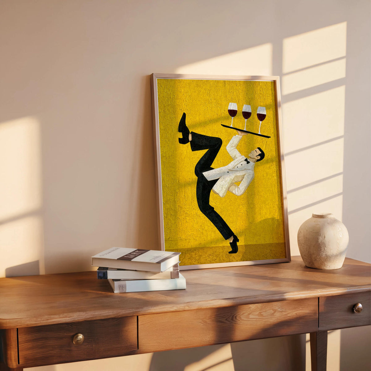 Yellow variant resting on a rustic table, bold graphic waiter against textured abstract field, wine bar wall art, colorful dining room wall art