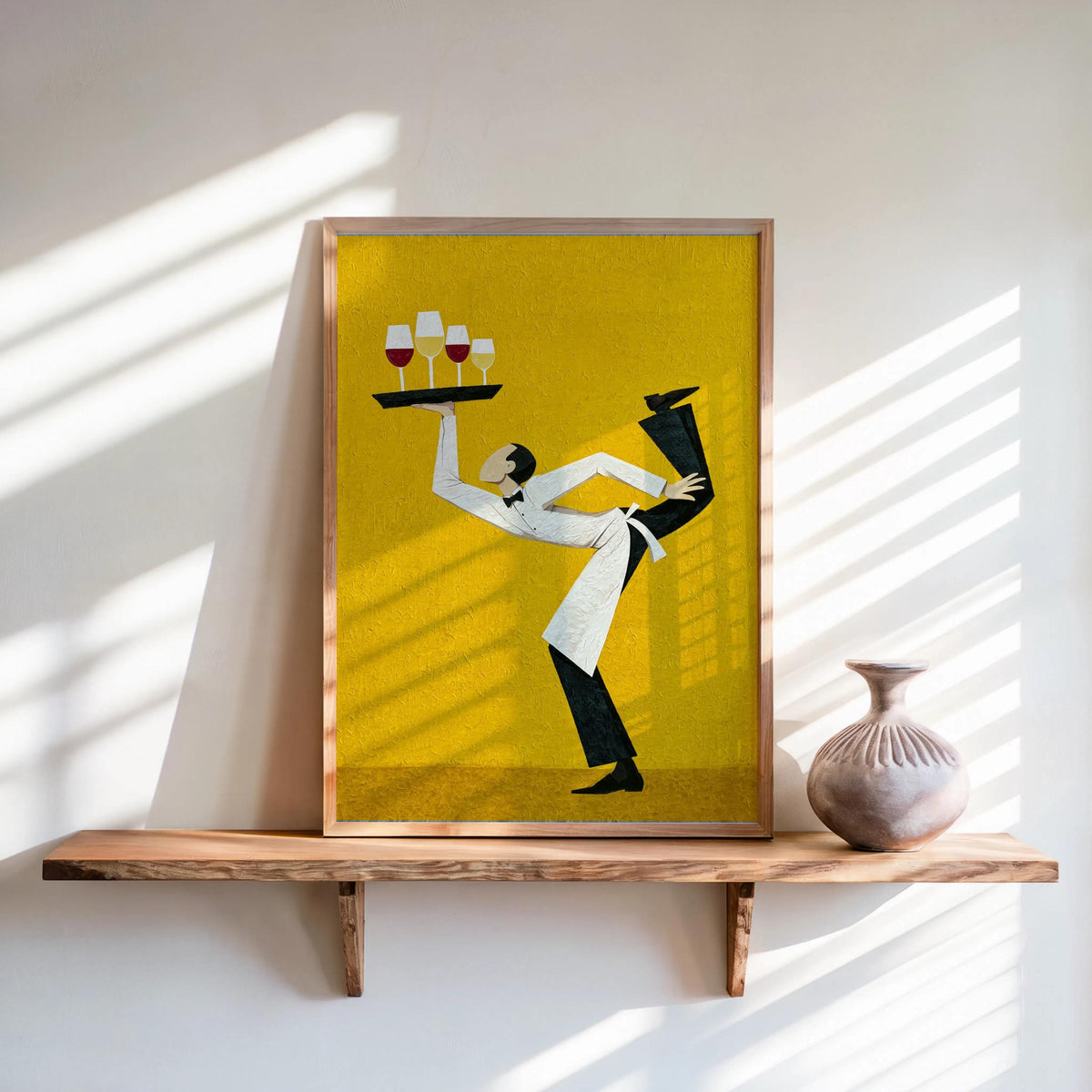Framed funny waiter wine art print, sunny yellow textured backdrop, playful geometric waiter holding wine glasses
