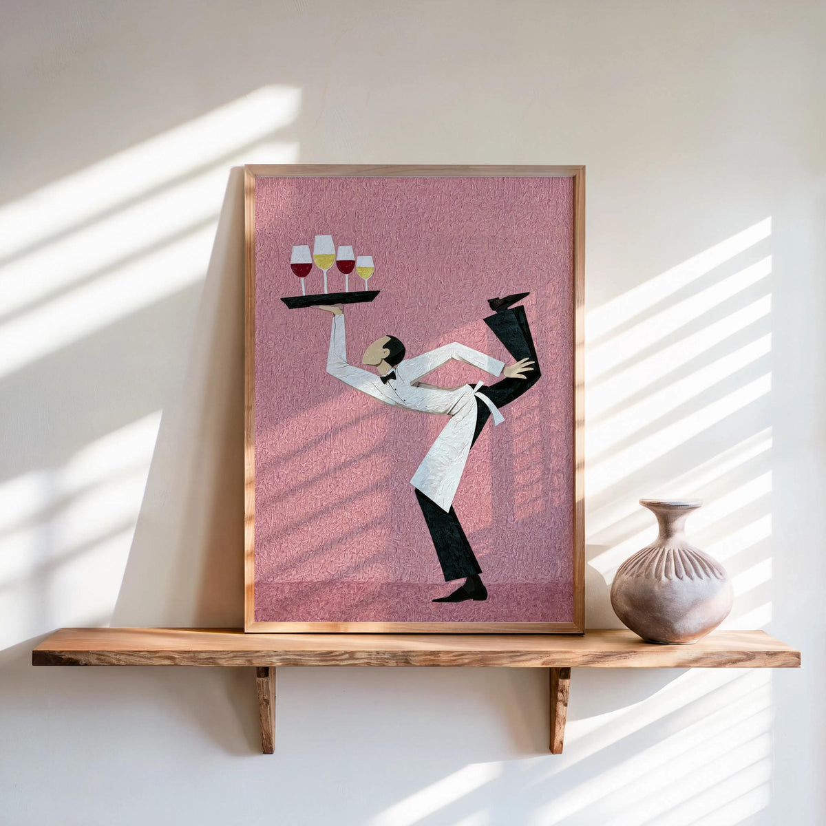 Framed funny waiter wine art print on shelf, soft pink textured background, surrealist waiter in acrobatic pose