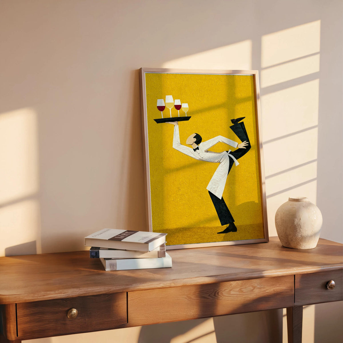 Yellow funny waiter wine art print leaning on a wood table, warm light, modern bistro wall art energy