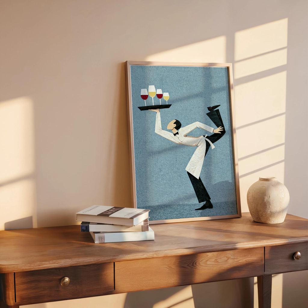 Blue funny waiter wine art print propped on a rustic table, sunlight, surrealist kitchen wall art mood