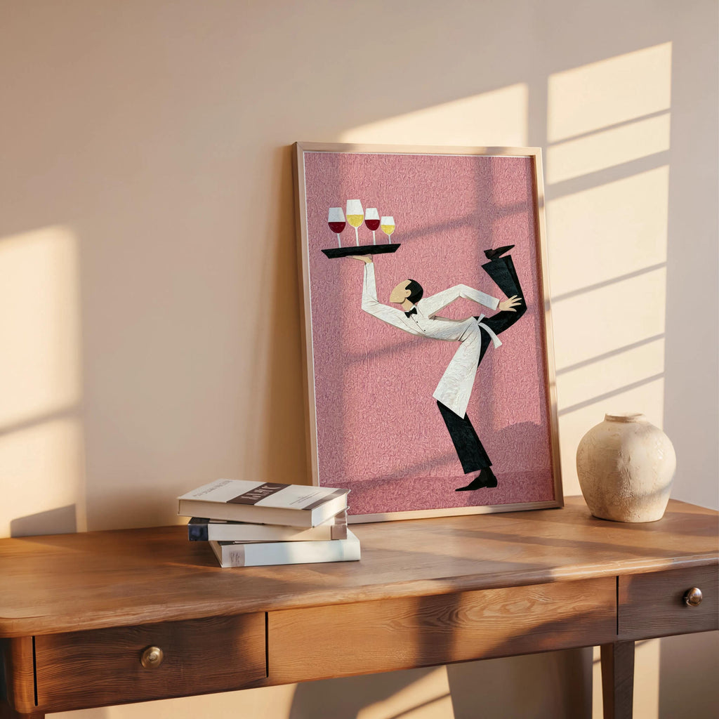 Pink funny waiter wine art print leaning on wood, whimsical alcohol art print feel, minimalist waiter silhouette