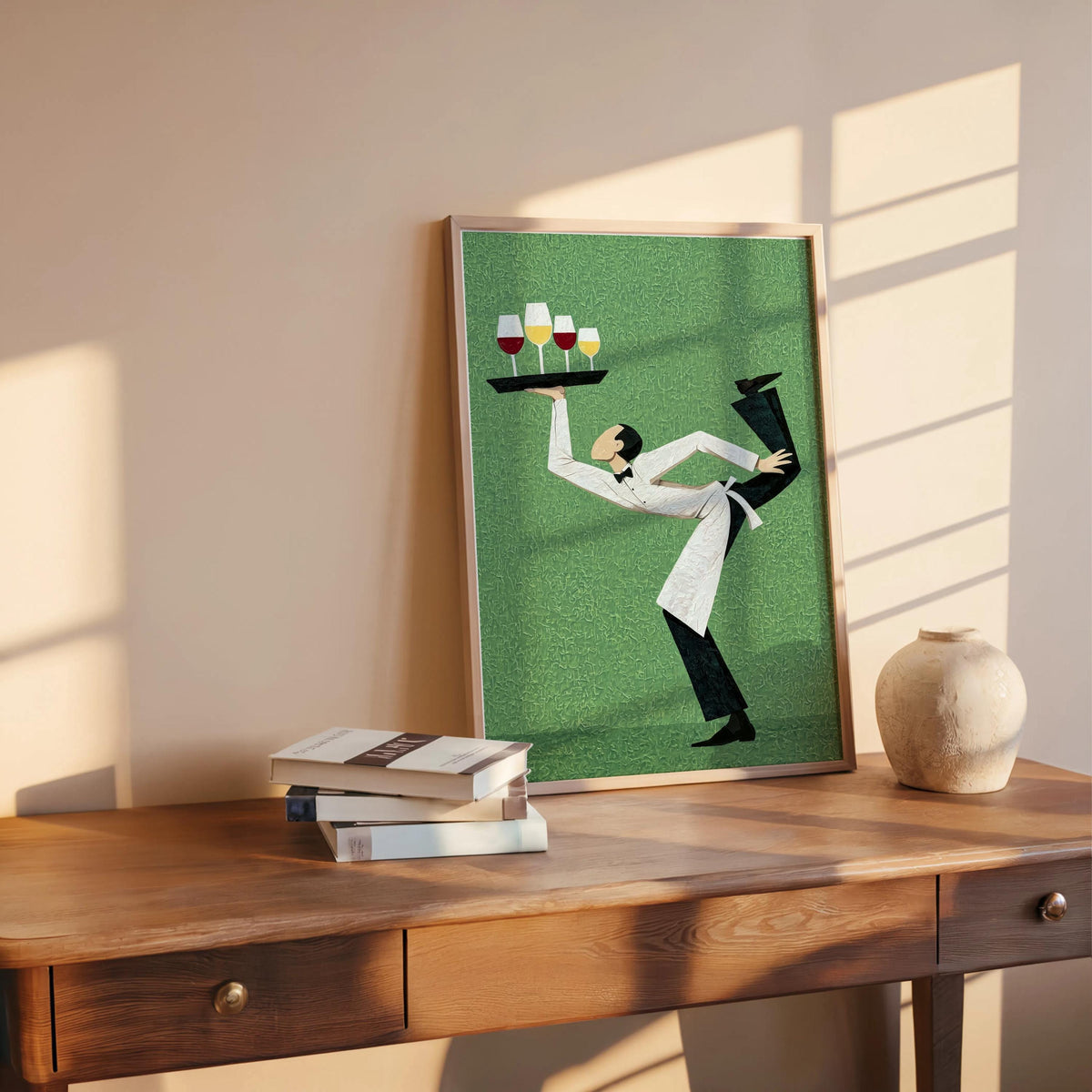 Green funny waiter wine art print standing on a wooden table, colorful kitchen bar decor, waiter balancing glasses