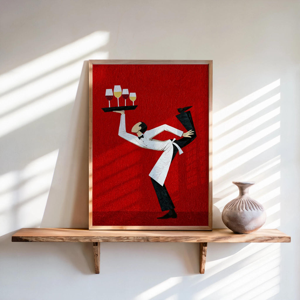 Framed funny waiter wine art print on shelf, bold red textured background, geometric waiter balancing tray