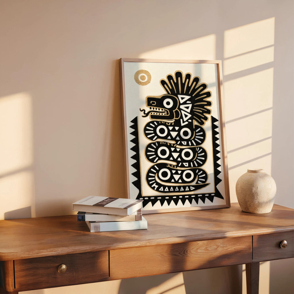 Quetzalcoatl art print on a wooden desk with pottery and sunlight streaks, cozy boho mexican folk art styling