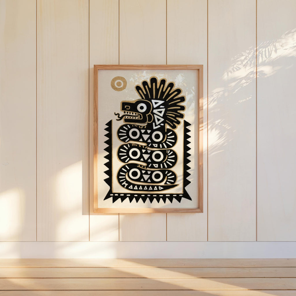 Quetzalcoatl art print propped against white paneled wall, minimal stool and soft side-lighting, tribal feel