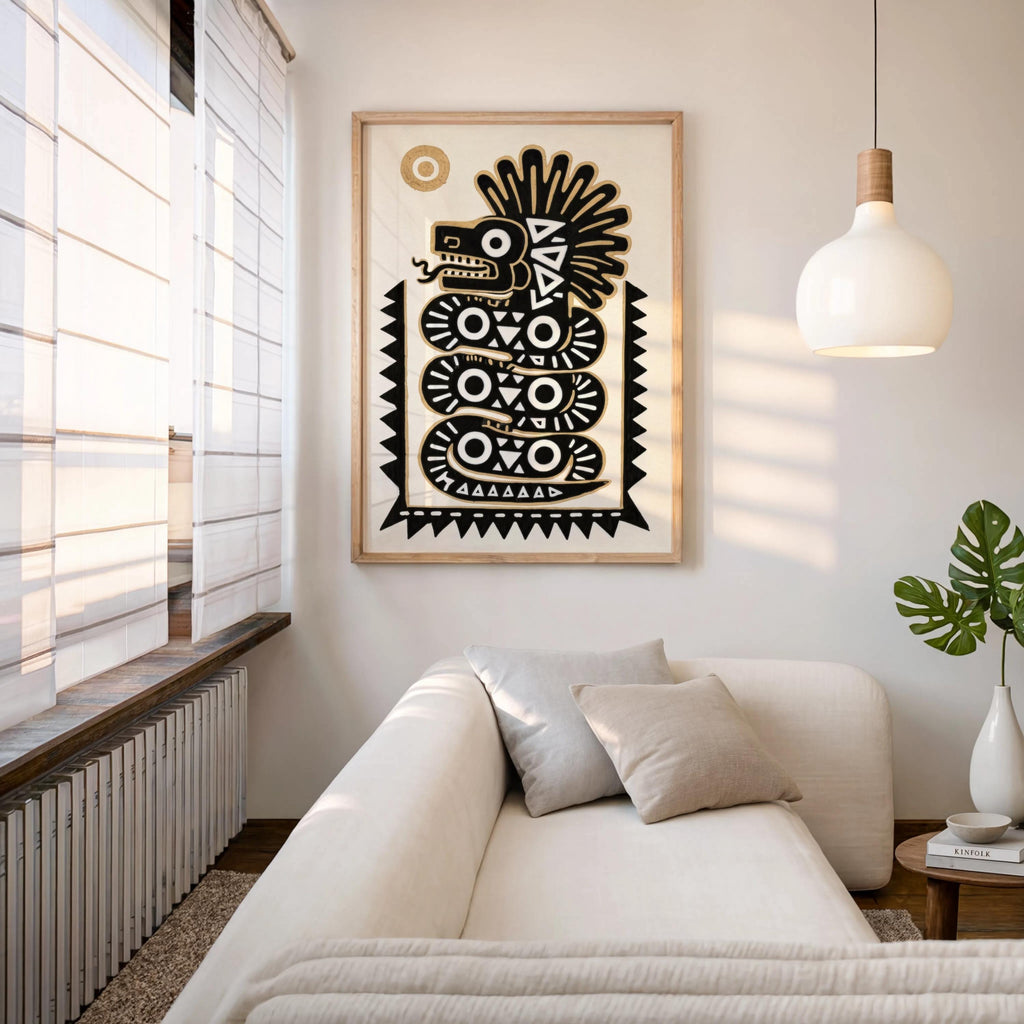 Quetzalcoatl wall art hung above a slouchy sofa with pendant light, relaxed latin american wall art in living room