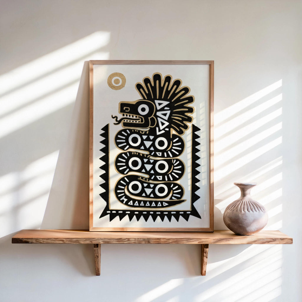 Leaning light-wood framed quetzalcoatl art print on a floating shelf, sunlit boho styling and earthen vase