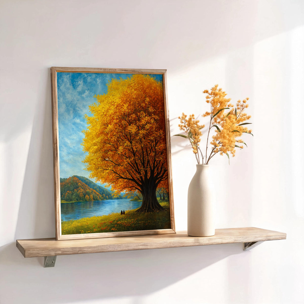 Autumn Landscape Wall Art, Fall Tree by the Lake, Scenic Nature Print, Cozy Cabin Decor, Woodland Artwork, Peaceful Living Room Art