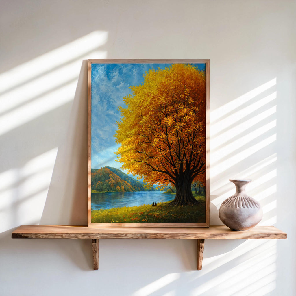 Autumn Landscape Wall Art, Fall Tree by the Lake, Scenic Nature Print, Cozy Cabin Decor, Woodland Artwork, Peaceful Living Room Art