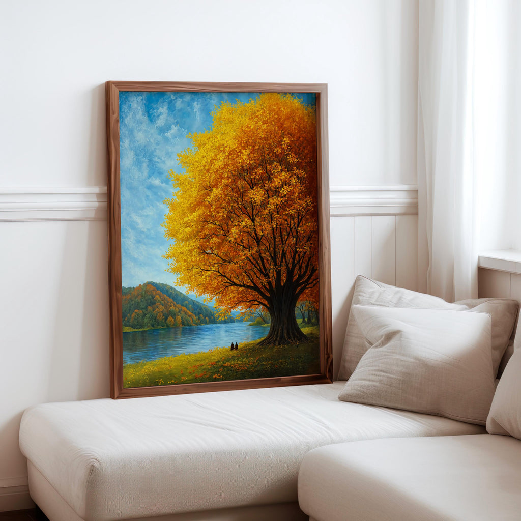 Autumn Landscape Wall Art, Fall Tree by the Lake, Scenic Nature Print, Cozy Cabin Decor, Woodland Artwork, Peaceful Living Room Art