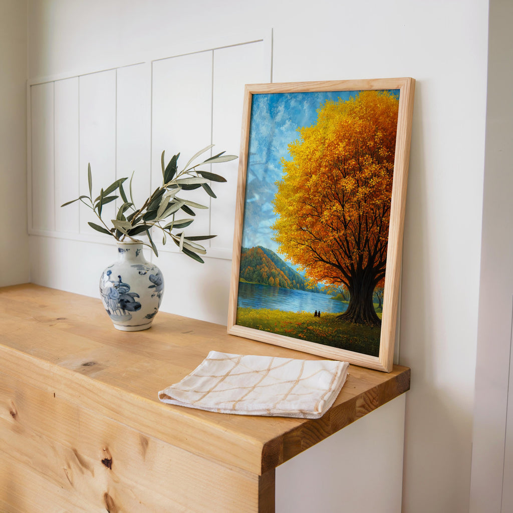 Autumn Landscape Wall Art, Fall Tree by the Lake, Scenic Nature Print, Cozy Cabin Decor, Woodland Artwork, Peaceful Living Room Art