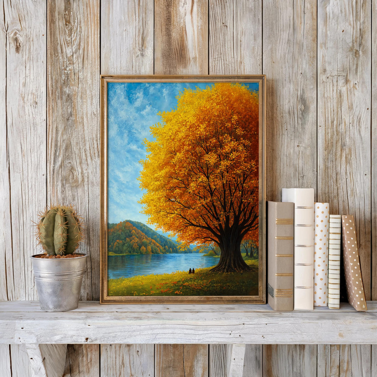 Autumn Landscape Wall Art, Fall Tree by the Lake, Scenic Nature Print, Cozy Cabin Decor, Woodland Artwork, Peaceful Living Room Art