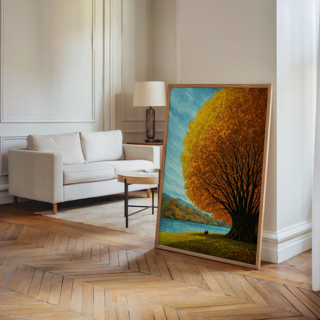 Tall autumn tree lake wall art leaned in an airy living room corner, mountain lake art print with vibrant fall foliage