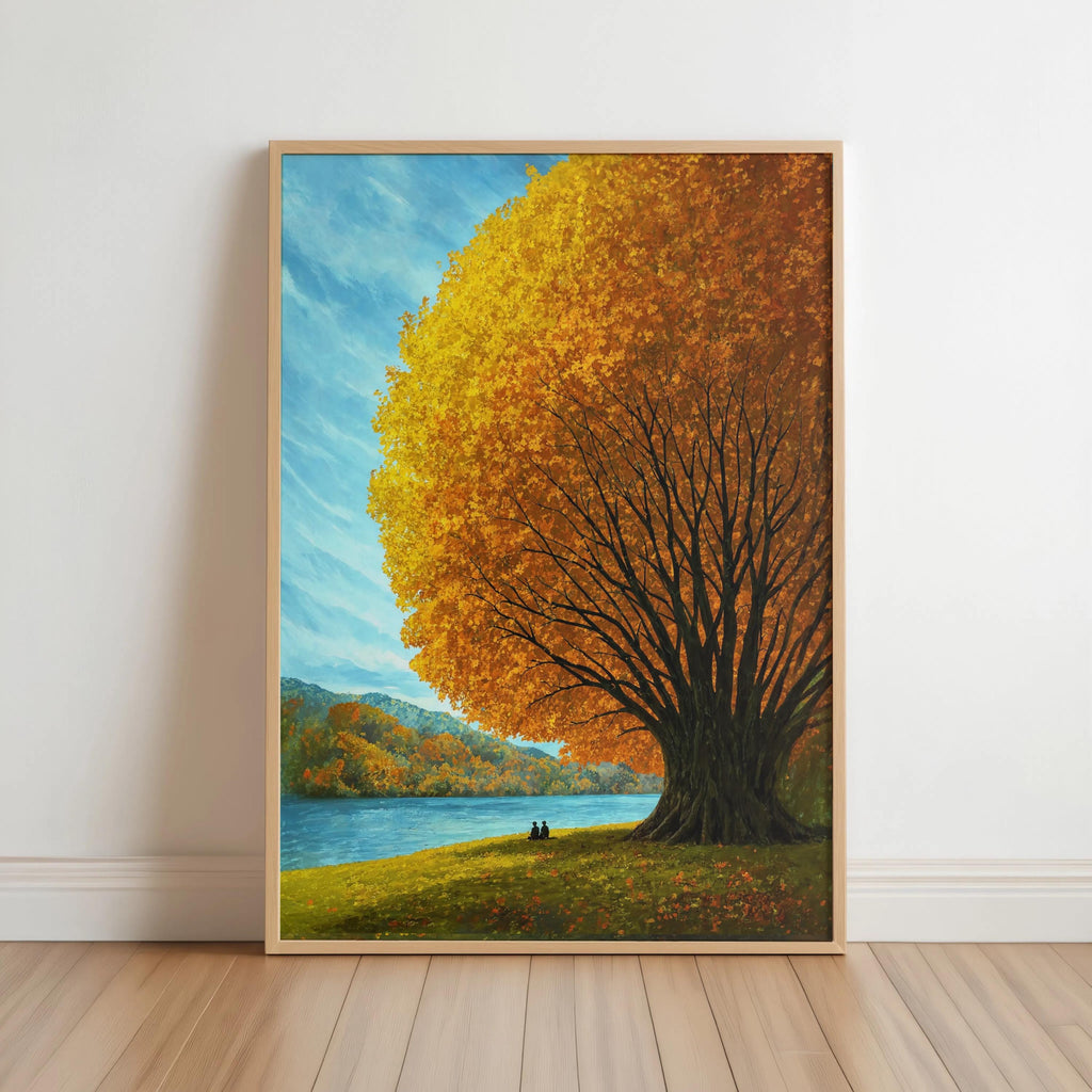 Autumn tree lake wall art leaning against white wall, golden tree landscape print by a bright blue lake