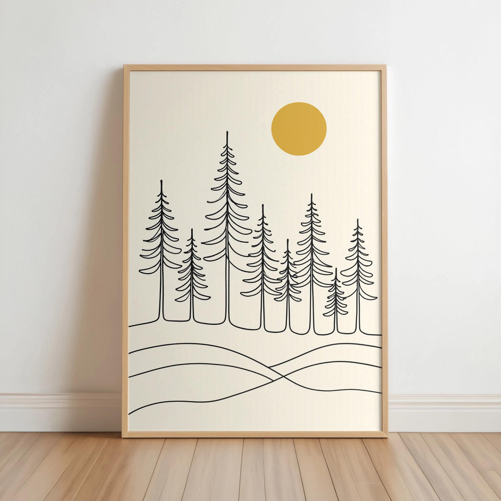 Minimalist Pine Forest Print, Scandinavian Landscape Art, Nordic Wall Decor, Modern Nature Line Drawing, Neutral Home Japandi Sun Print