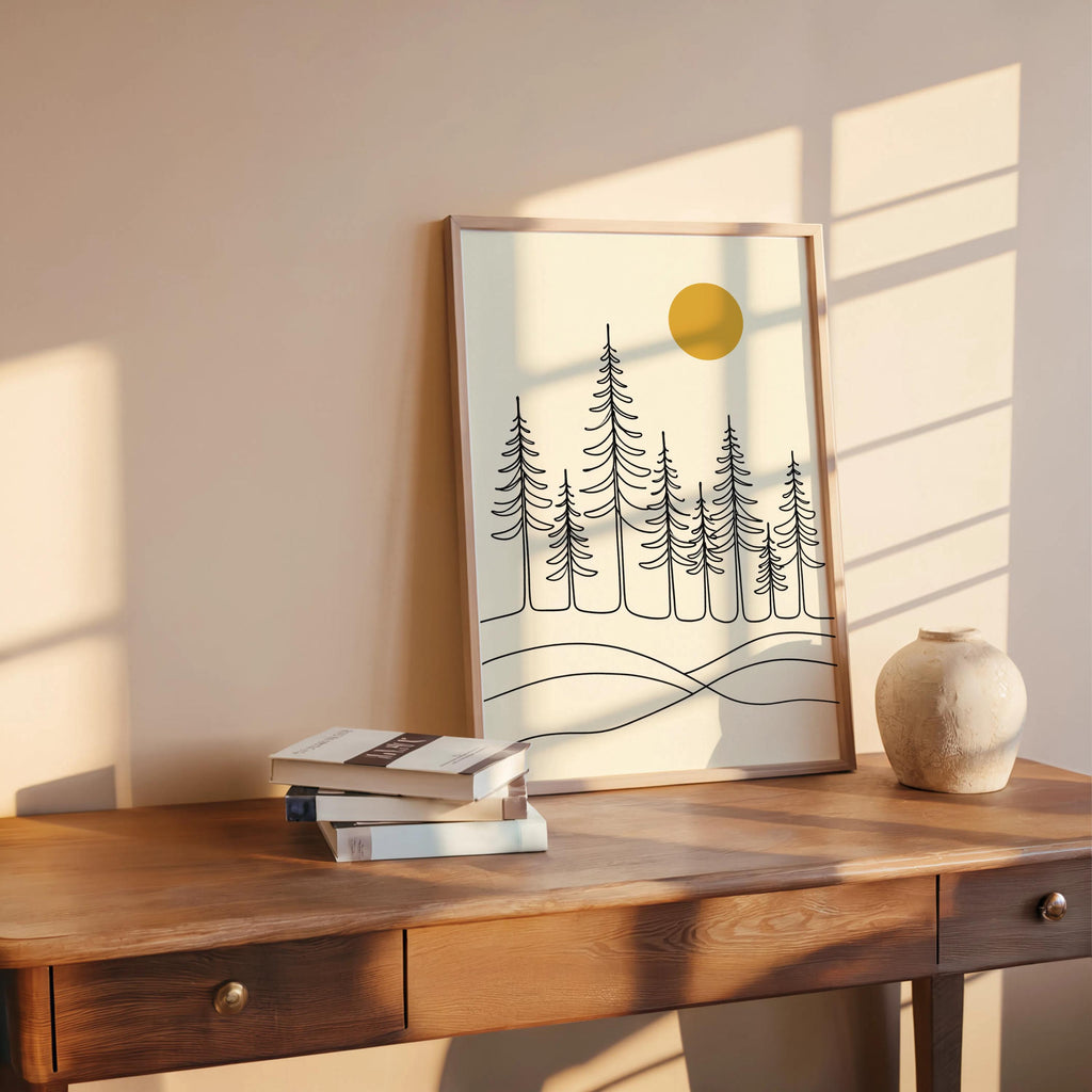 Minimalist Pine Forest Print, Scandinavian Landscape Art, Nordic Wall Decor, Modern Nature Line Drawing, Neutral Home Japandi Sun Print