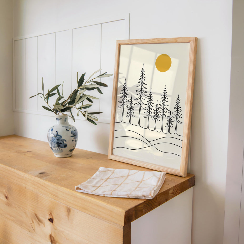 Minimalist Pine Forest Print, Scandinavian Landscape Art, Nordic Wall Decor, Modern Nature Line Drawing, Neutral Home Japandi Sun Print