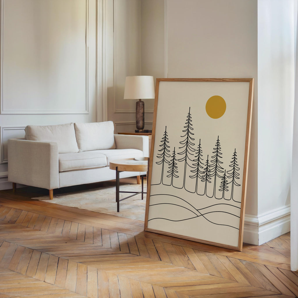 Minimalist Pine Forest Print, Scandinavian Landscape Art, Nordic Wall Decor, Modern Nature Line Drawing, Neutral Home Japandi Sun Print