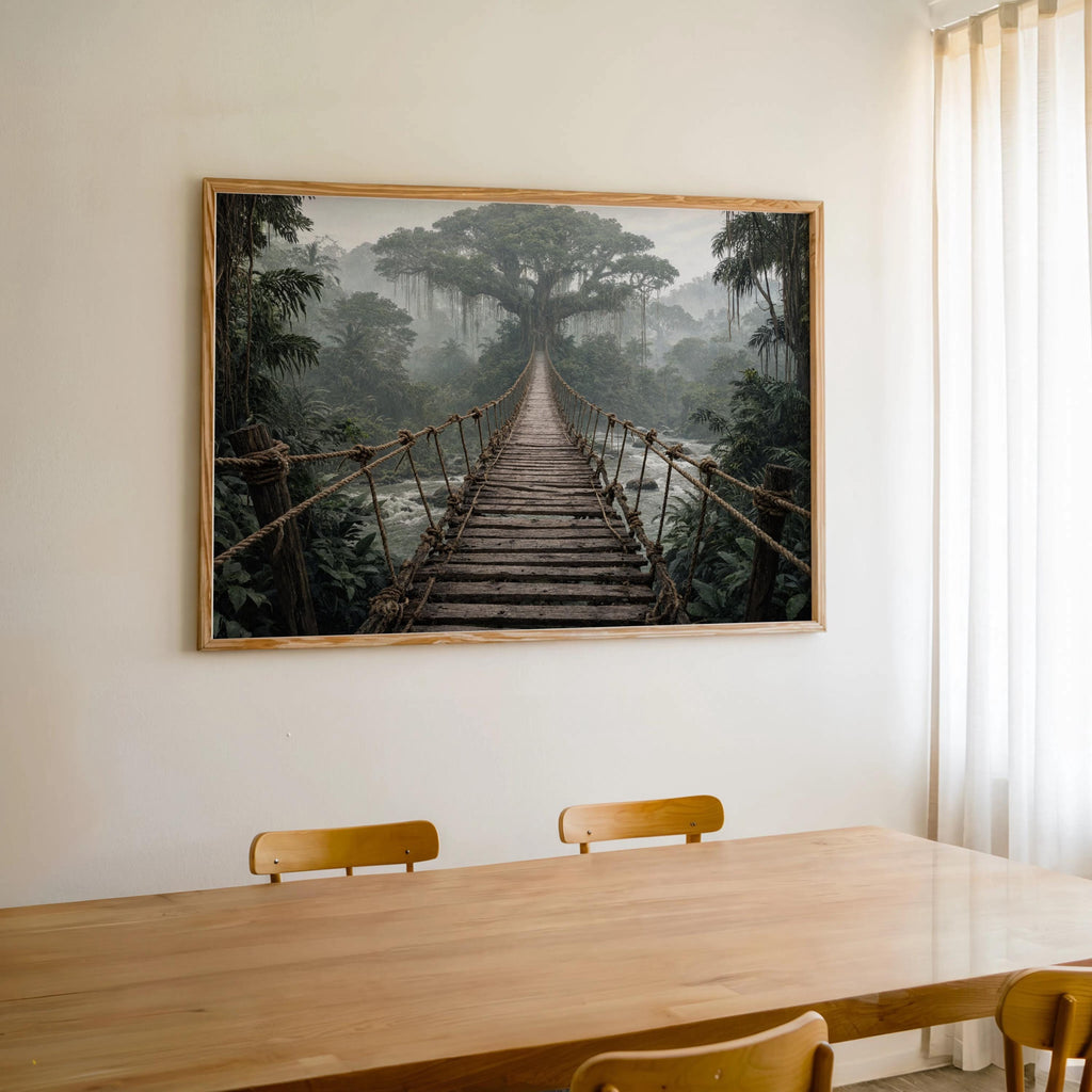 Wall-mounted rope bridge wall art centered above a wooden dining table, cinematic foggy rainforest print.