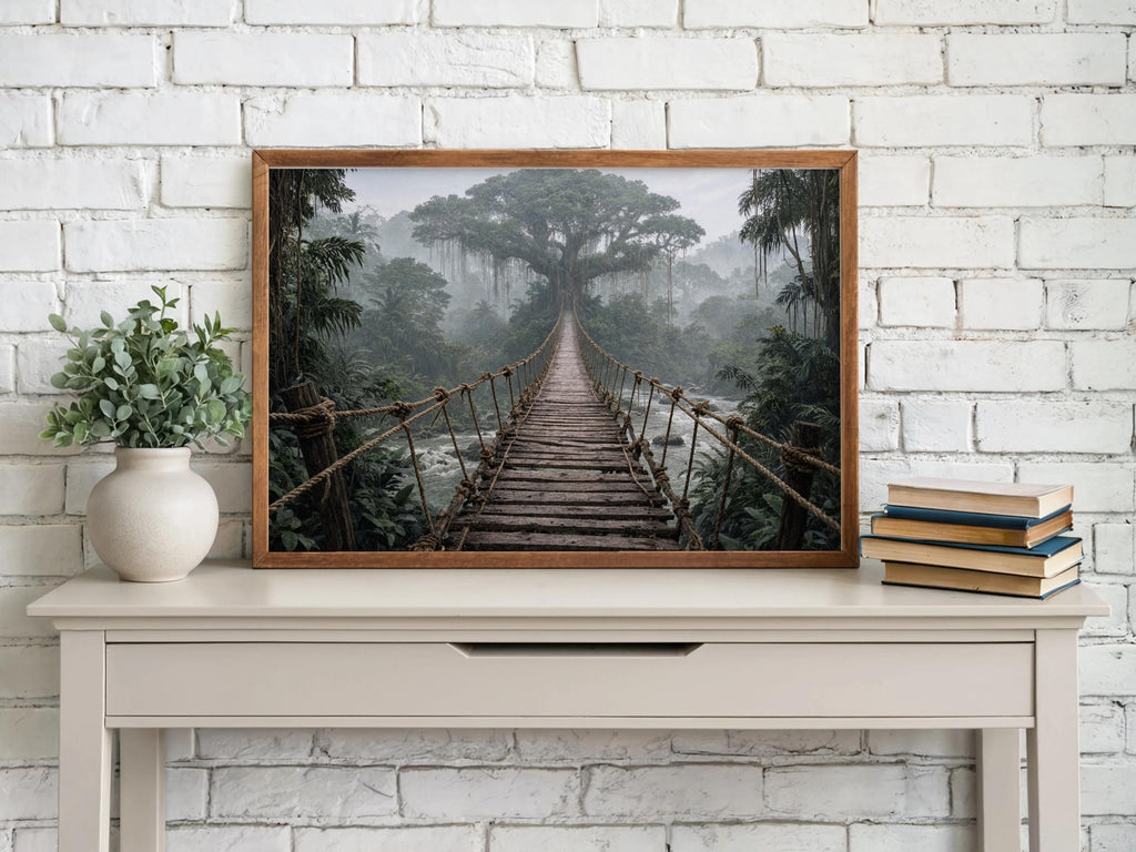 Rustic vignette on a white brick mantel, framed rainforest landscape print with rushing river and foliage.