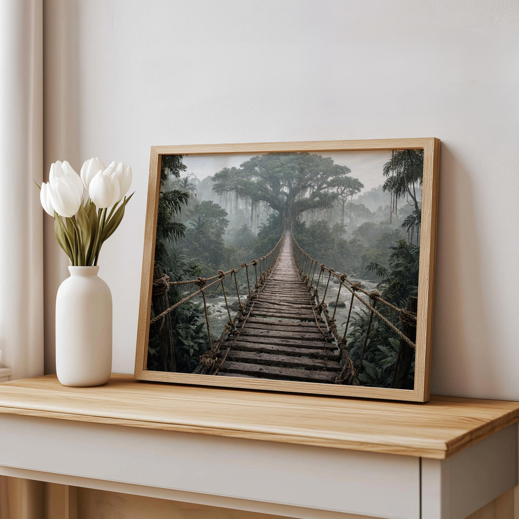 Frame displayed on a mantel beside a white vase, rainforest landscape print with earthy browns and charcoal.