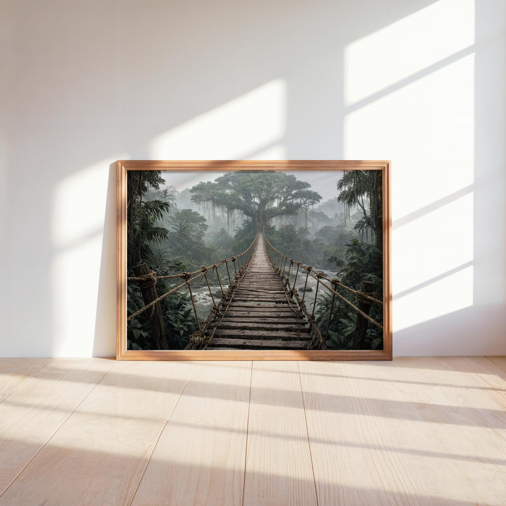 Large framed rope bridge wall art resting on floor, strong sunlight highlights misty forest mood.