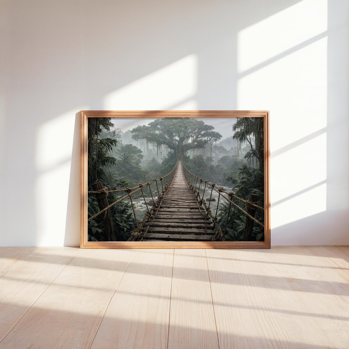 Large framed rope bridge wall art resting on floor, strong sunlight highlights misty forest mood.