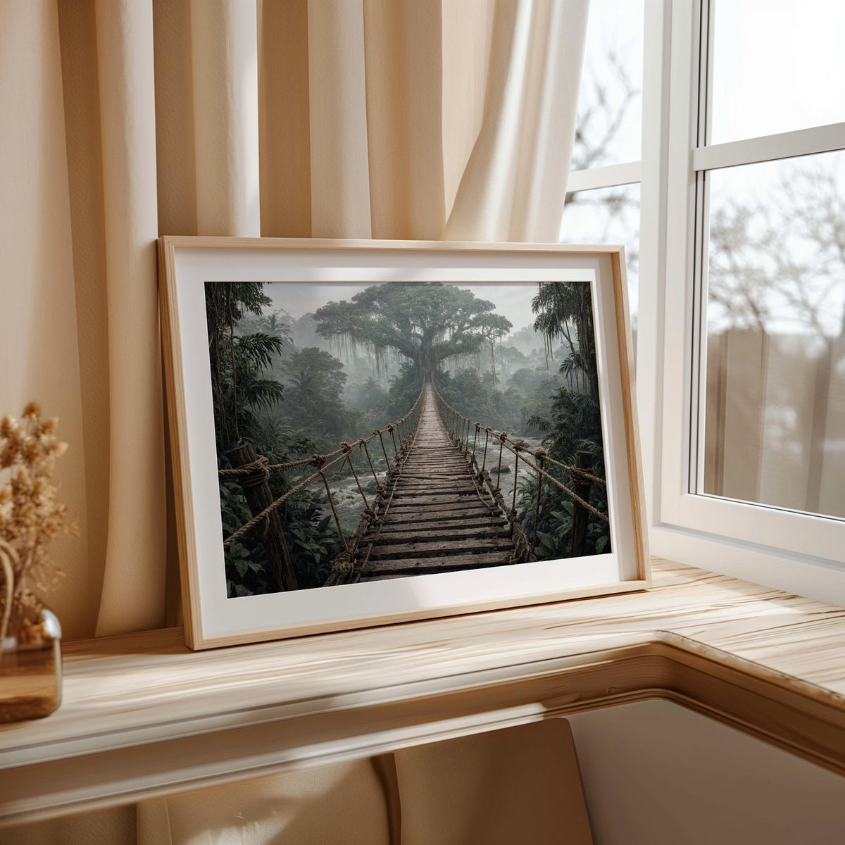 Angled on a window corner ledge with dried stems, tropical jungle print catching soft morning light.