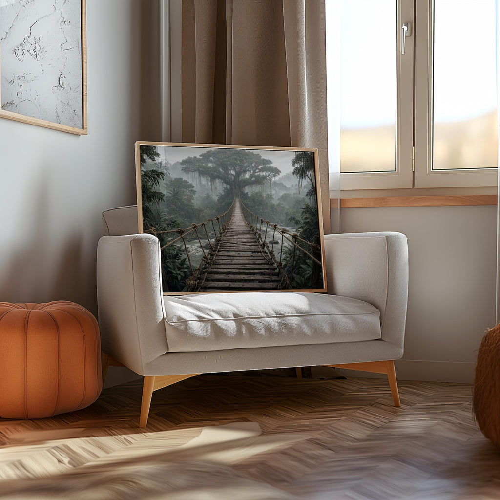 Framed suspension bridge poster rests on an armchair in a sunlit reading nook, warm earthy tones.